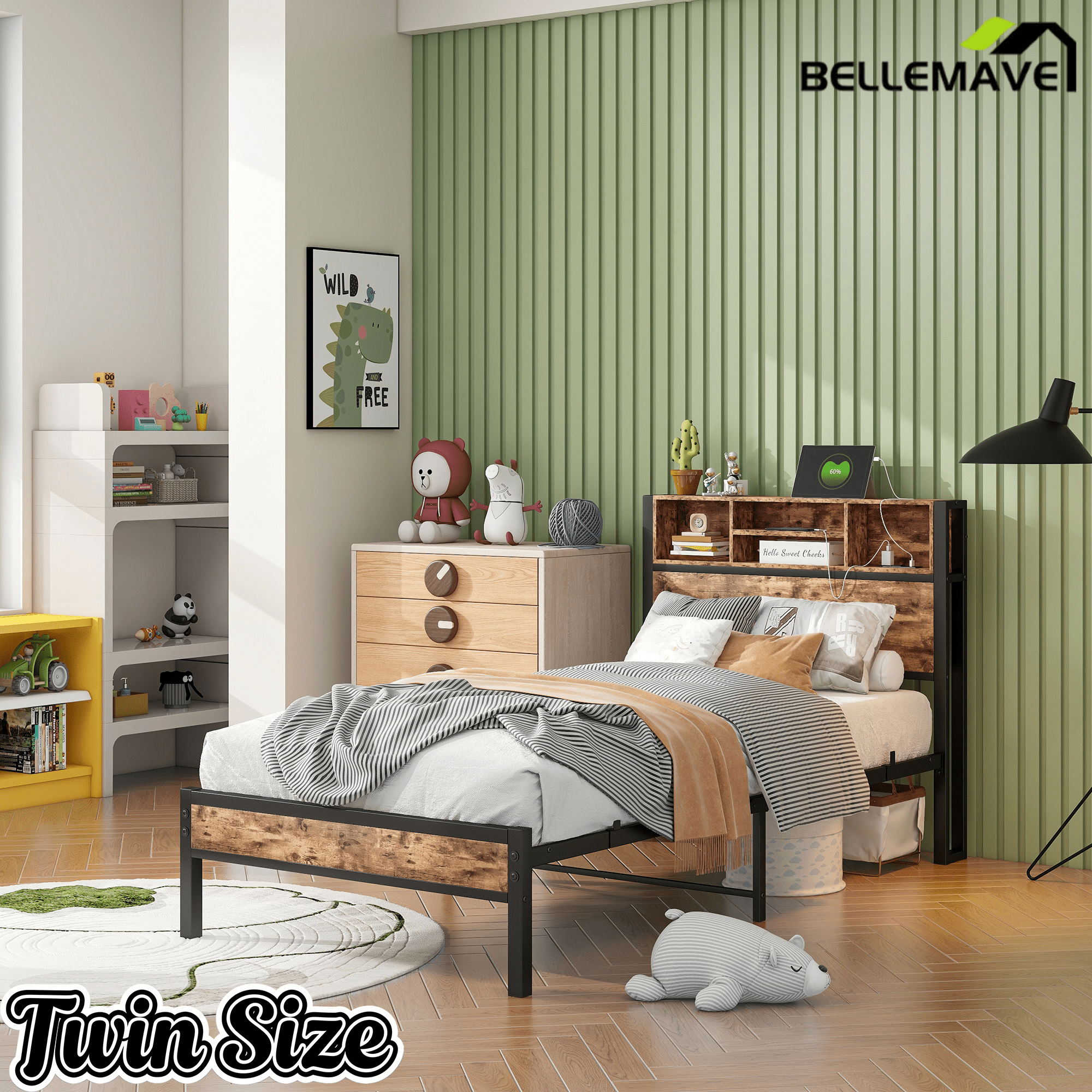 Bellemave® Full Size Bed Frame with Storage Wooden Headboard,Modern Bedroom Metal Platform Bed with Charging Station,No Box Spring Needed,for Adult Kid Teen,Black - Bellemave