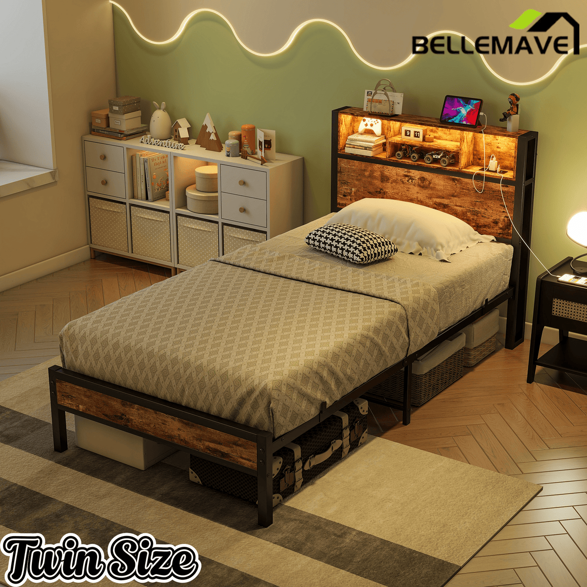 Bellemave® Full Size Bed Frame with Storage Wooden Headboard,Modern Bedroom Metal Platform Bed with Charging Station,No Box Spring Needed,for Adult Kid Teen,Black - Bellemave