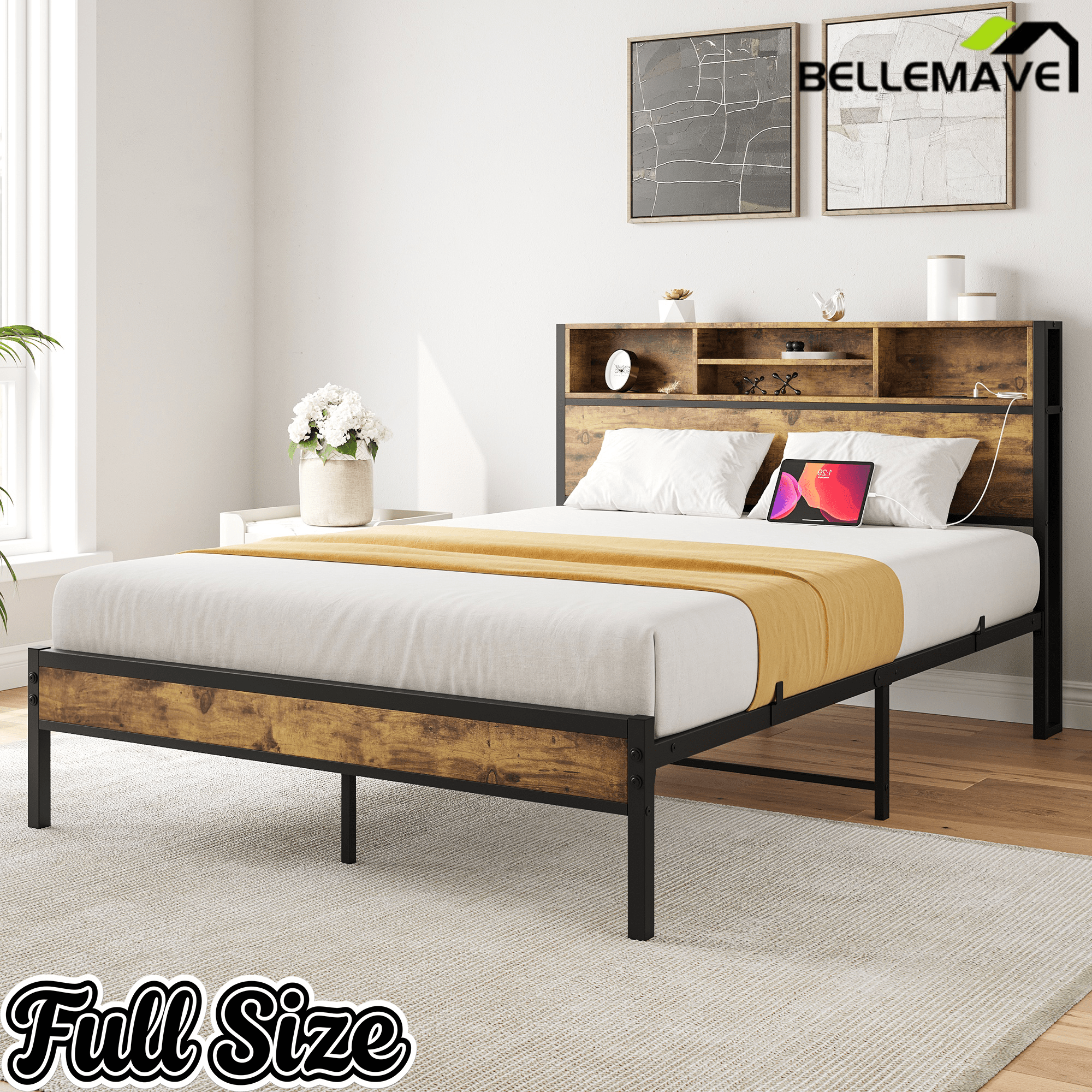 Bellemave® Full Size Bed Frame with Storage Wooden Headboard,Modern Bedroom Metal Platform Bed with Charging Station,No Box Spring Needed,for Adult Kid Teen,Black - Bellemave