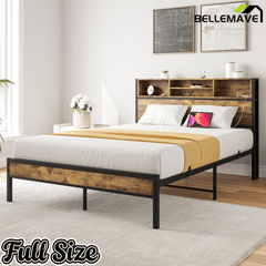 Bellemave® Full Size Bed Frame with Storage Wooden Headboard,Modern Bedroom Metal Platform Bed with Charging Station,No Box Spring Needed,for Adult Kid Teen,Black - Bellemave