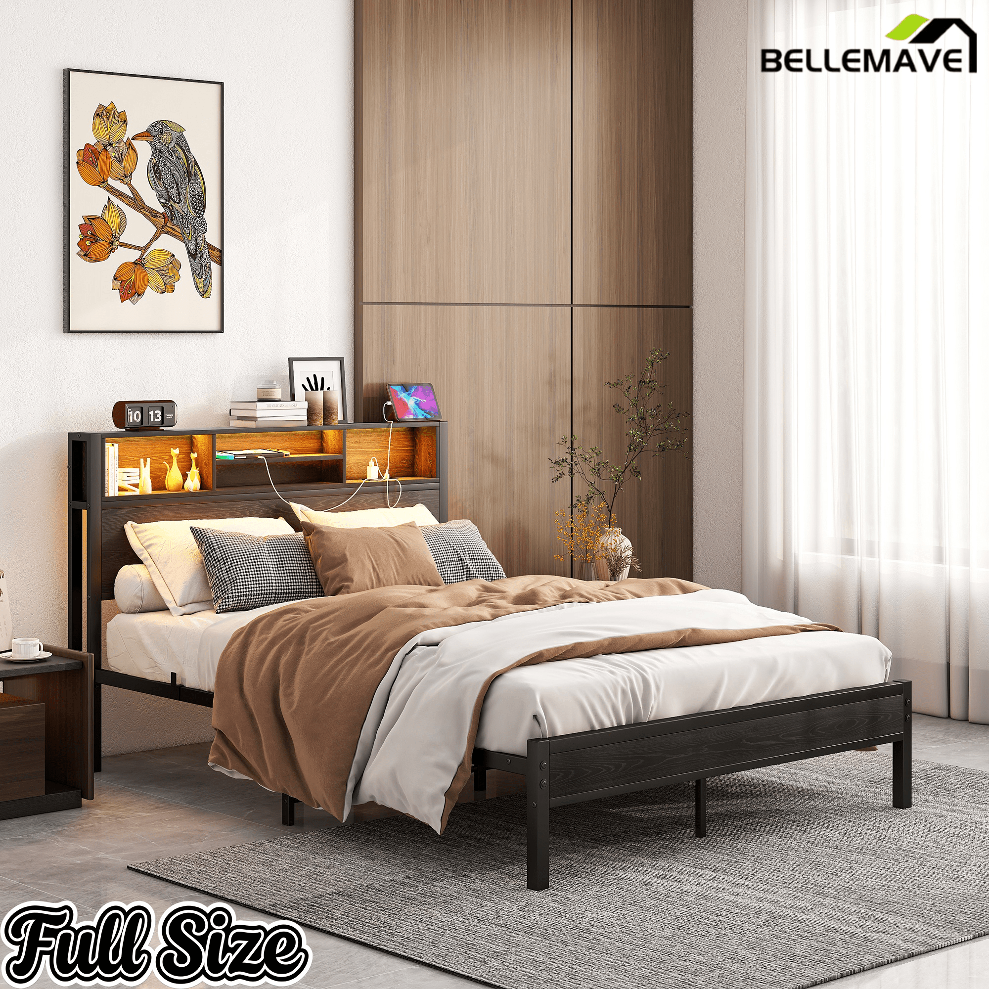 Bellemave® Full Size Bed Frame with Storage Wooden Headboard,Modern Bedroom Metal Platform Bed with Charging Station,No Box Spring Needed,for Adult Kid Teen,Black - Bellemave
