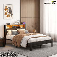 Bellemave® Full Size Bed Frame with Storage Wooden Headboard,Modern Bedroom Metal Platform Bed with Charging Station,No Box Spring Needed,for Adult Kid Teen,Black - Bellemave