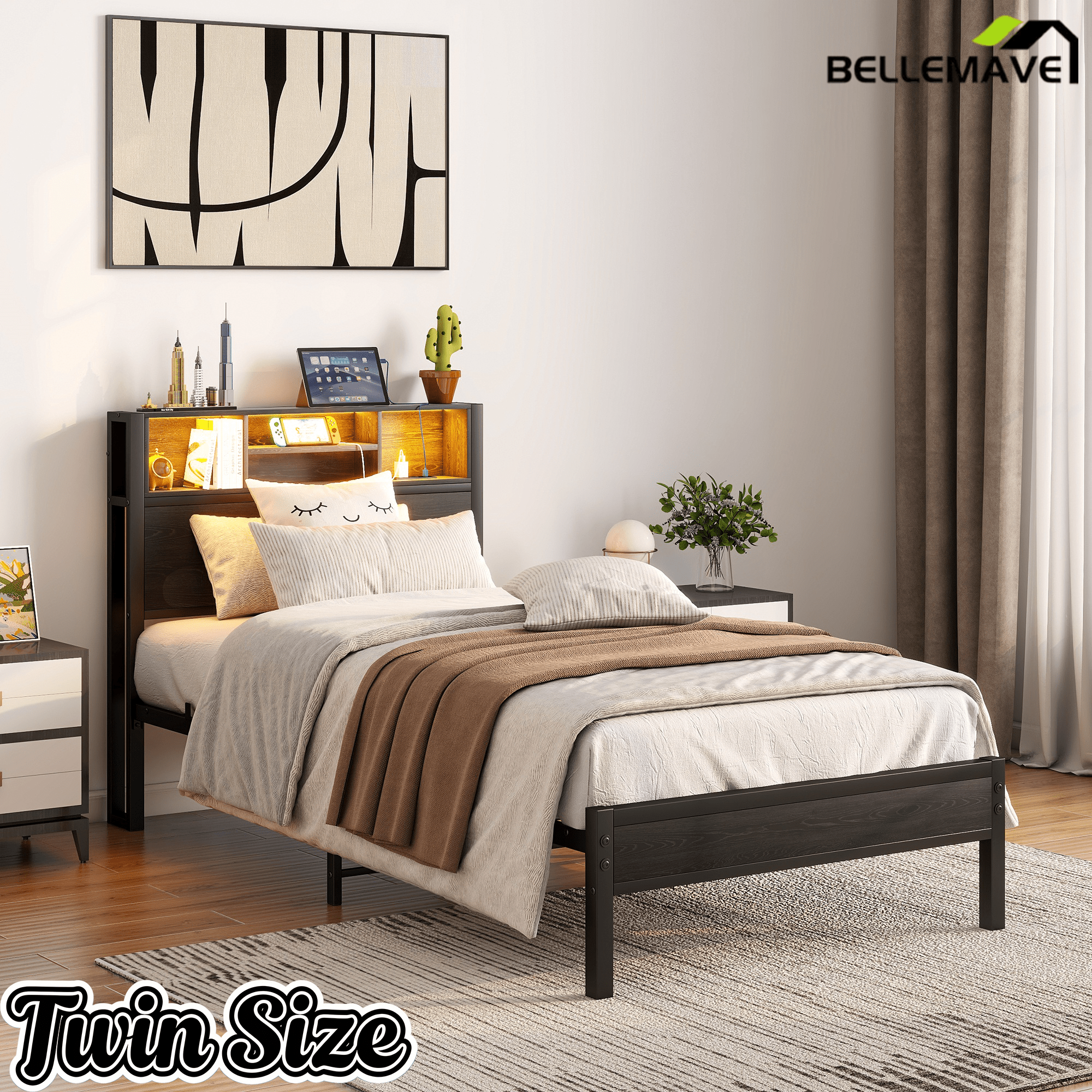 Bellemave® Full Size Bed Frame with Storage Wooden Headboard,Modern Bedroom Metal Platform Bed with Charging Station,No Box Spring Needed,for Adult Kid Teen,Black - Bellemave