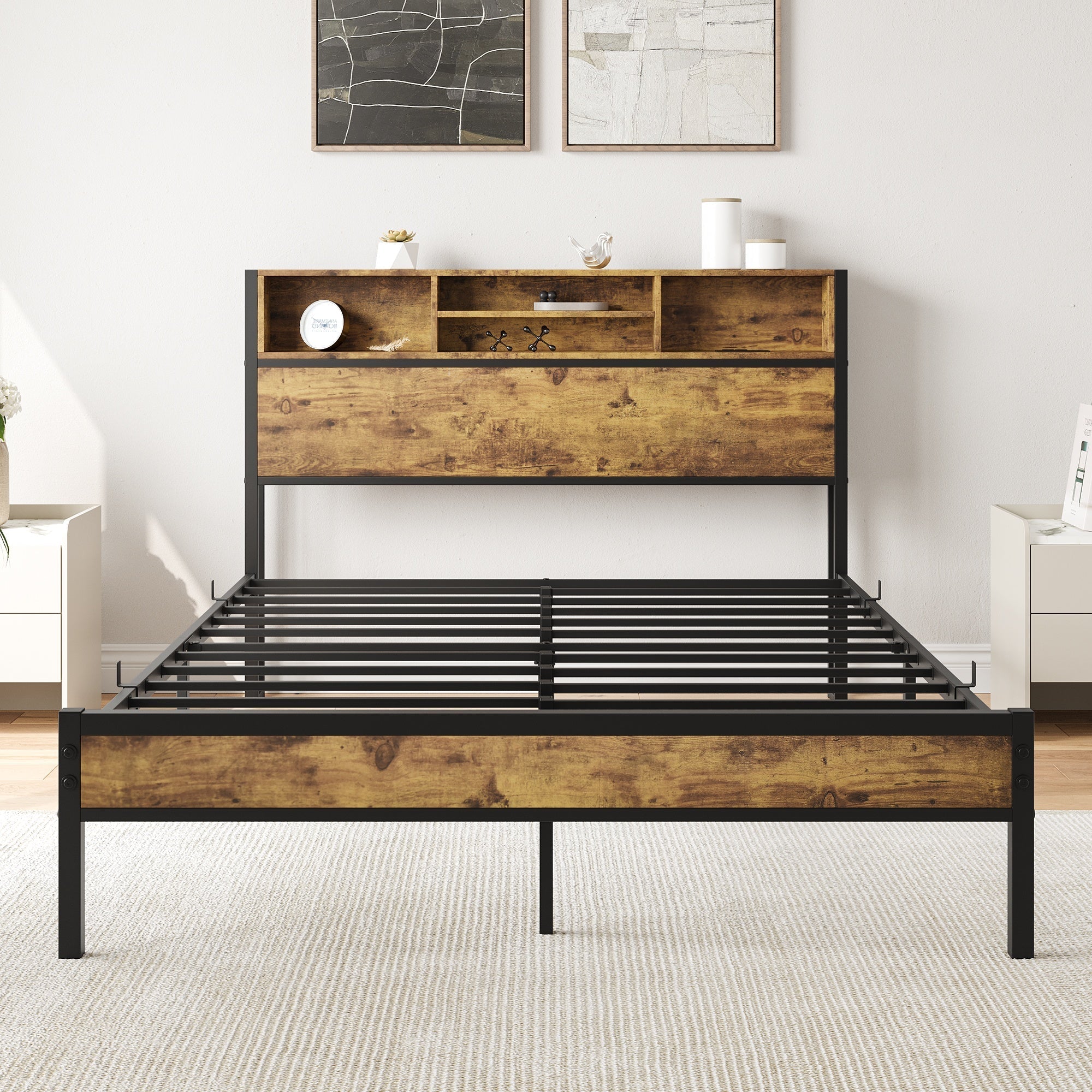 Bellemave® Full Size Bed Frame with Storage Wooden Headboard,Modern Bedroom Metal Platform Bed with Charging Station,No Box Spring Needed,for Adult Kid Teen,Black - Bellemave