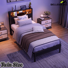 Bellemave® Full Size Bed Frame with Storage Wooden Headboard,Modern Bedroom Metal Platform Bed with Charging Station,No Box Spring Needed,for Adult Kid Teen,Black - Bellemave