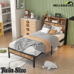 Bellemave® Full Size Bed Frame with Storage Wooden Headboard,Modern Bedroom Metal Platform Bed with Charging Station,No Box Spring Needed,for Adult Kid Teen,Black - Bellemave