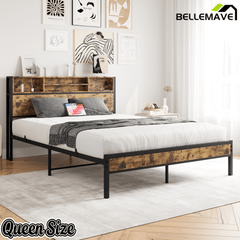 Bellemave® Full Size Bed Frame with Storage Wooden Headboard,Modern Bedroom Metal Platform Bed with Charging Station,No Box Spring Needed,for Adult Kid Teen,Black - Bellemave