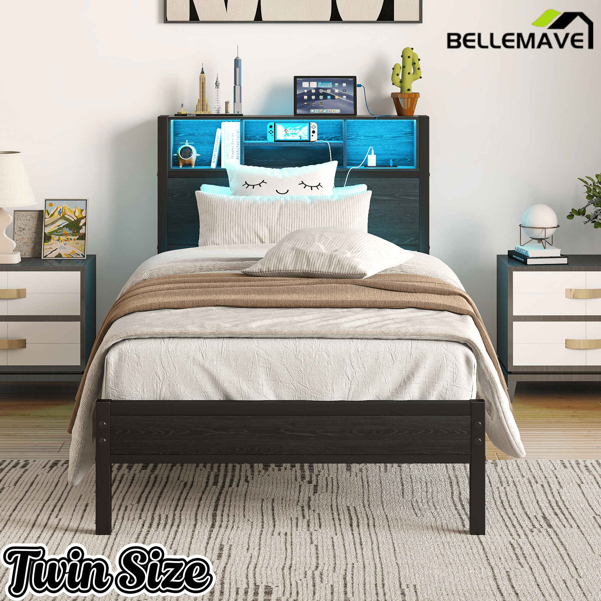 Bellemave® Full Size Bed Frame with Storage Wooden Headboard,Modern Bedroom Metal Platform Bed with Charging Station,No Box Spring Needed,for Adult Kid Teen,Black - Bellemave