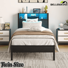 Bellemave® Full Size Bed Frame with Storage Wooden Headboard,Modern Bedroom Metal Platform Bed with Charging Station,No Box Spring Needed,for Adult Kid Teen,Black - Bellemave