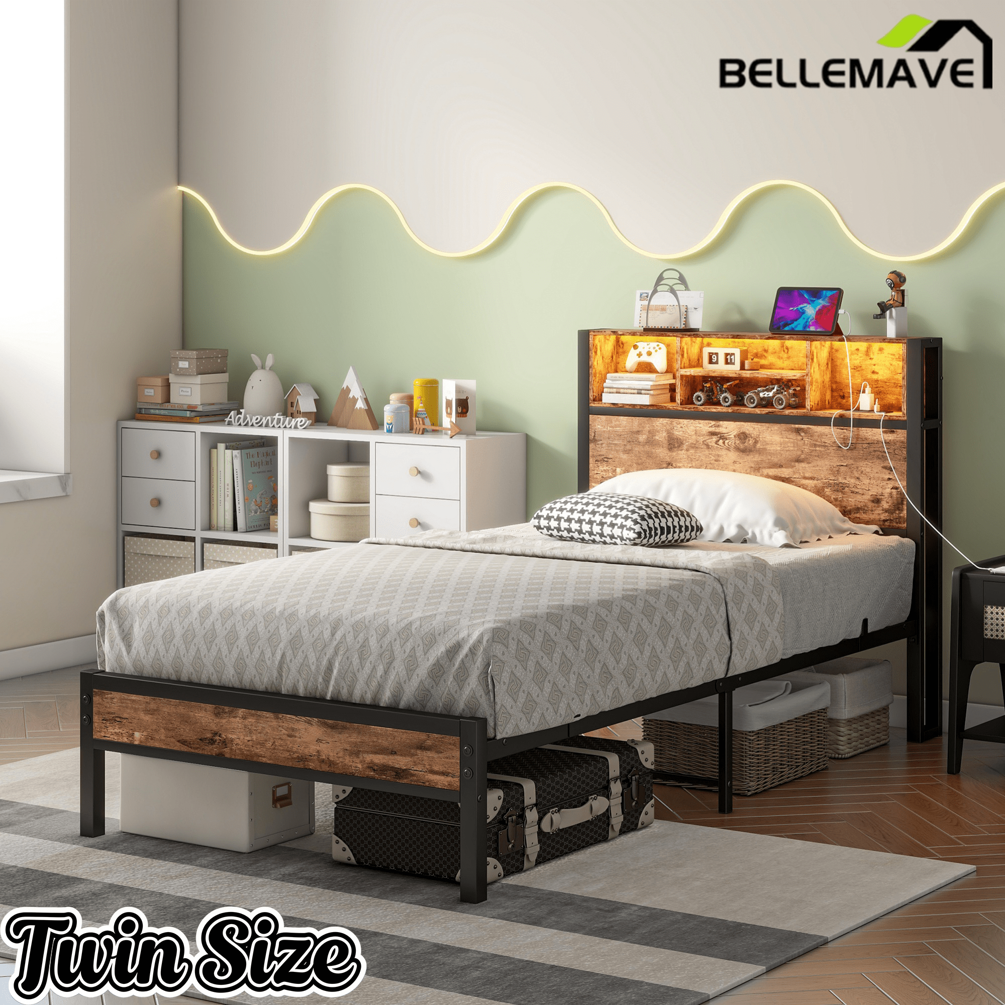 Bellemave® Full Size Bed Frame with Storage Wooden Headboard,Modern Bedroom Metal Platform Bed with Charging Station,No Box Spring Needed,for Adult Kid Teen,Black - Bellemave