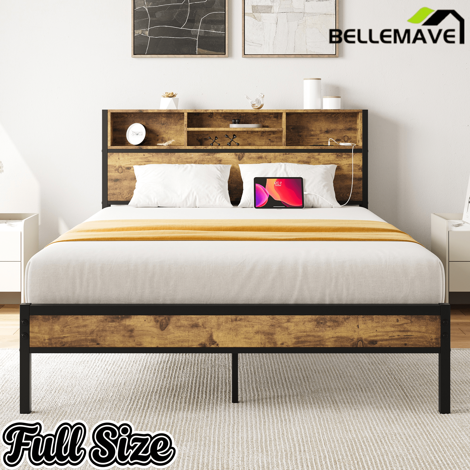 Bellemave® Full Size Bed Frame with Storage Wooden Headboard,Modern Bedroom Metal Platform Bed with Charging Station,No Box Spring Needed,for Adult Kid Teen,Black - Bellemave