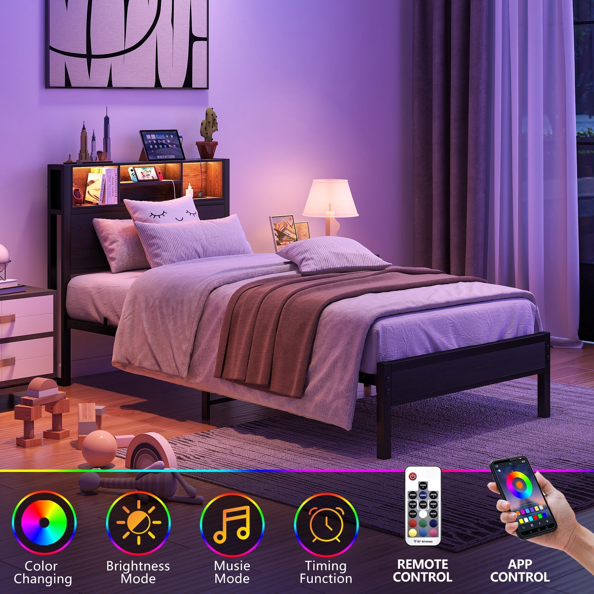 Bellemave® Full Size Bed Frame with Storage Wooden Headboard,Modern Bedroom Metal Platform Bed with Charging Station,No Box Spring Needed,for Adult Kid Teen,Black - Bellemave