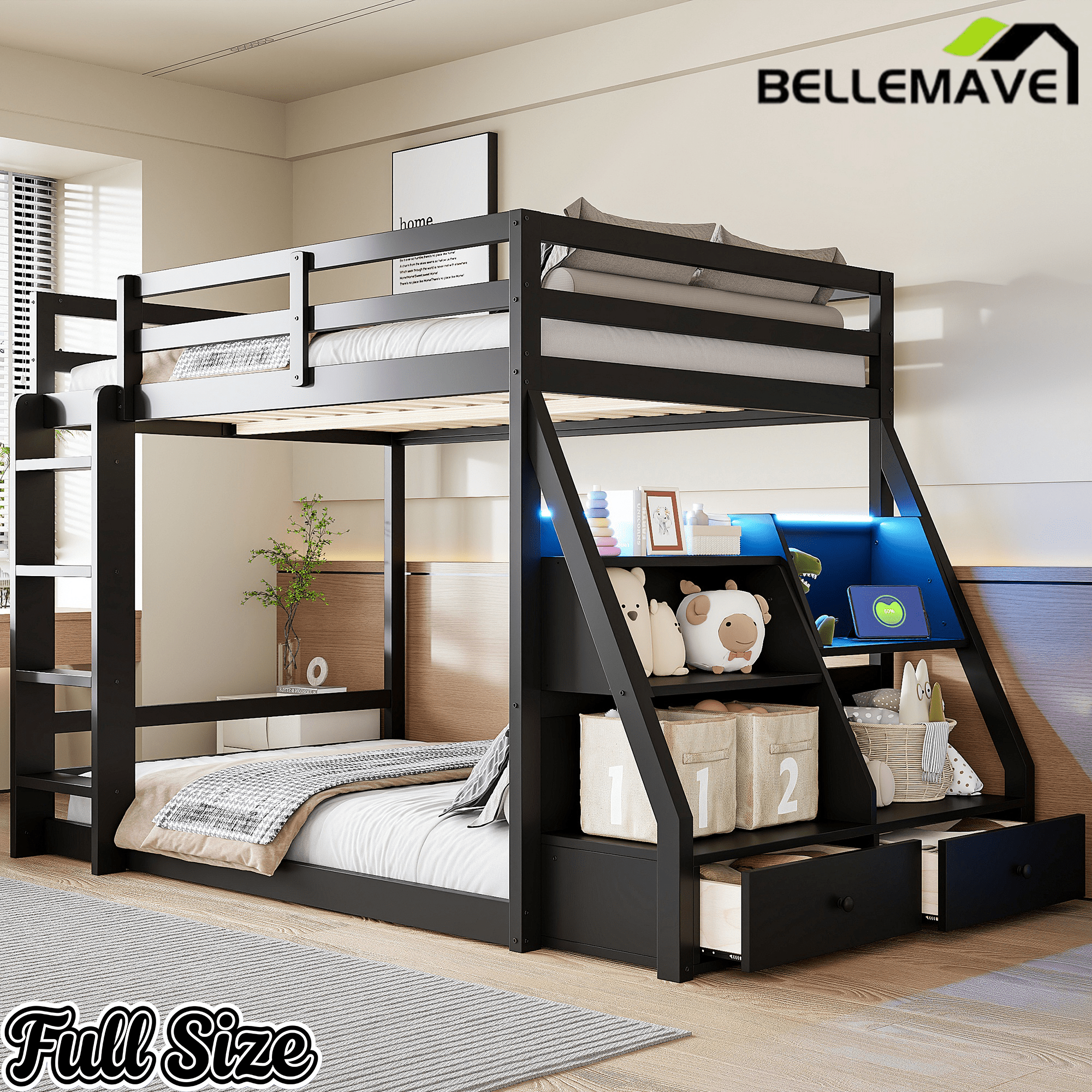 Bellemave® Full Size Bunk Bed with LED Lights & USB Ports | Storage Shelves & 2 Drawers - Bellemave