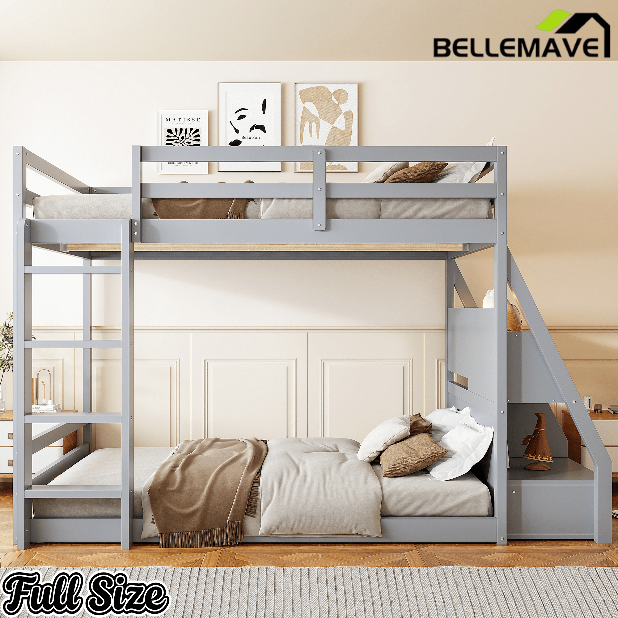 Bellemave® Full Size Bunk Bed with LED Lights & USB Ports | Storage Shelves & 2 Drawers - Bellemave