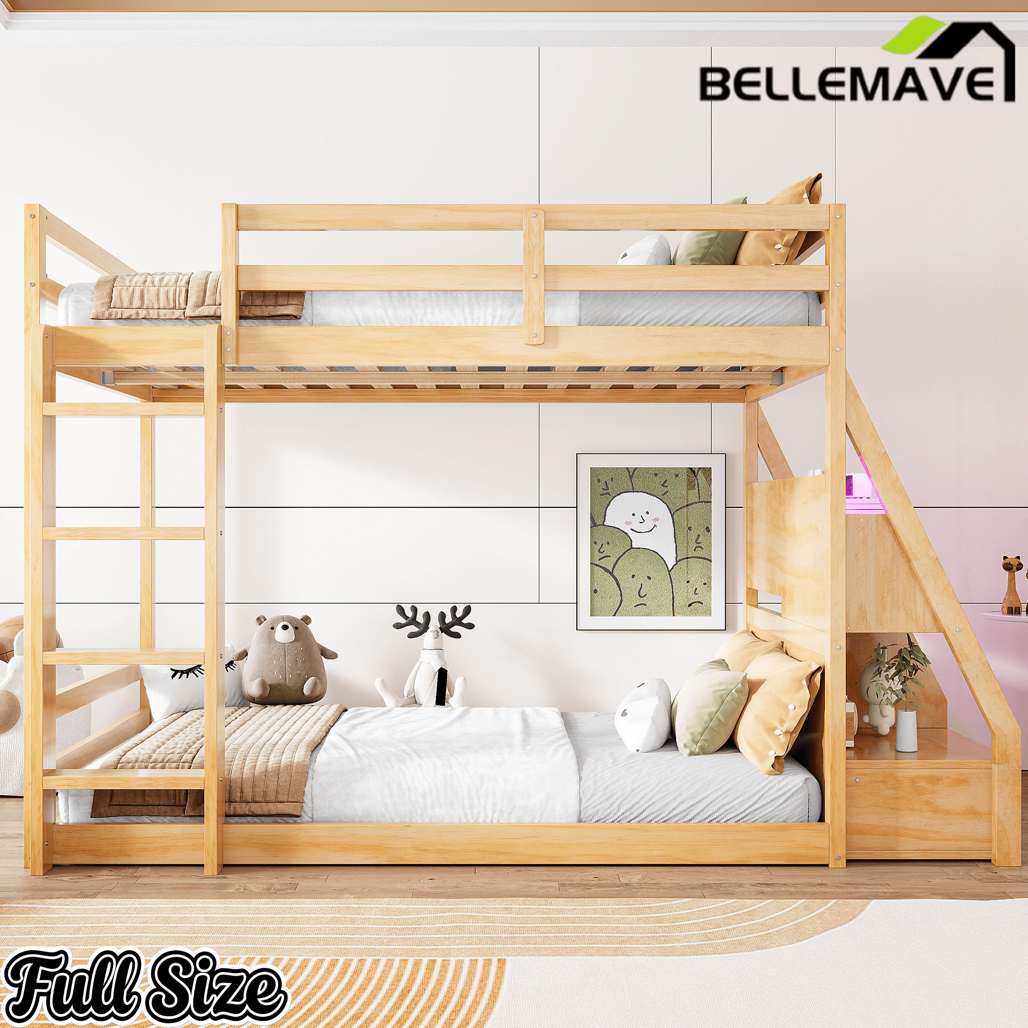 Bellemave® Full Size Bunk Bed with LED Lights & USB Ports | Storage Shelves & 2 Drawers - Bellemave