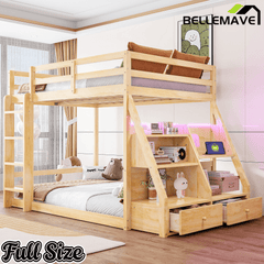 Bellemave® Full Size Bunk Bed with LED Lights & USB Ports | Storage Shelves & 2 Drawers - Bellemave