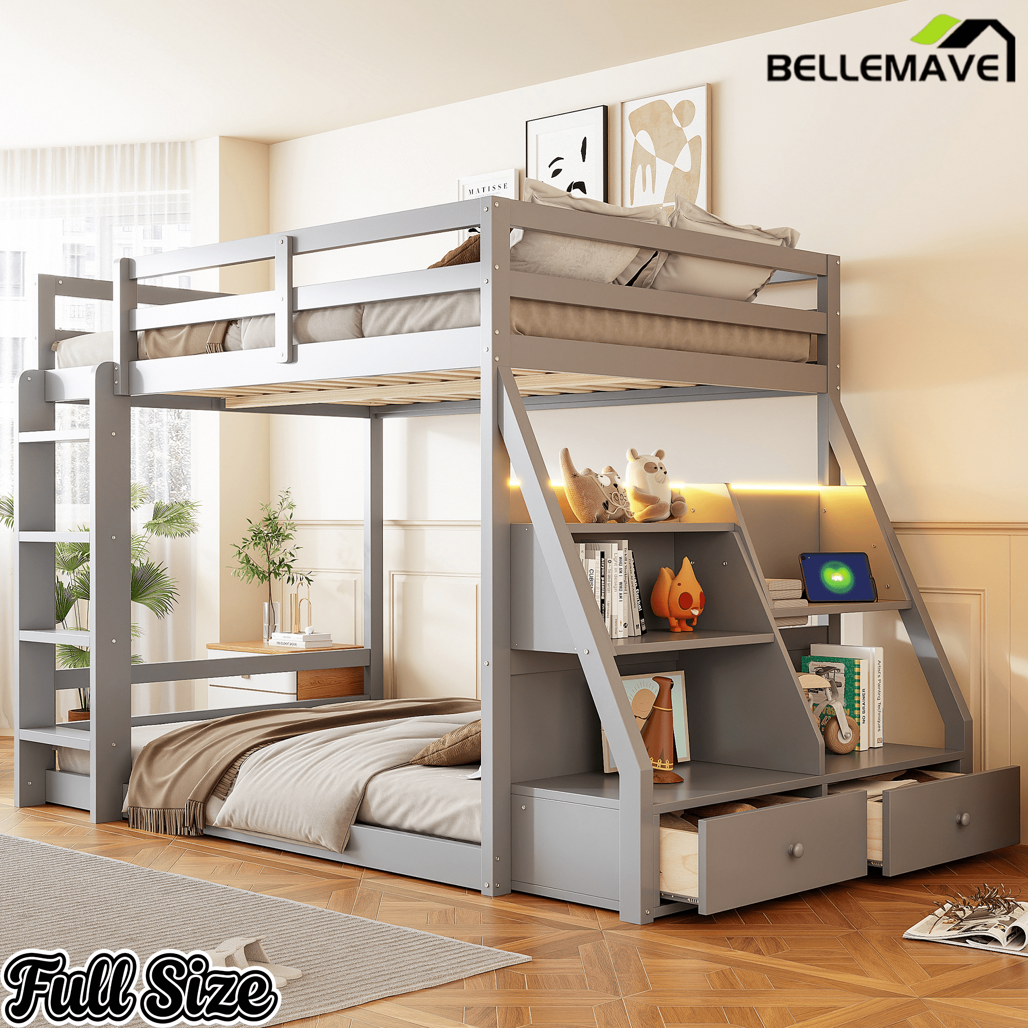 Bellemave® Full Size Bunk Bed with LED Lights & USB Ports | Storage Shelves & 2 Drawers - Bellemave