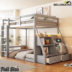 Bellemave® Full Size Bunk Bed with LED Lights & USB Ports | Storage Shelves & 2 Drawers - Bellemave
