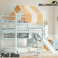 Bellemave® Full Size Bunk bed with Slide, Stair & Bookshelf, House roof Design, Low bunk/loft Bed for Kids - Bellemave