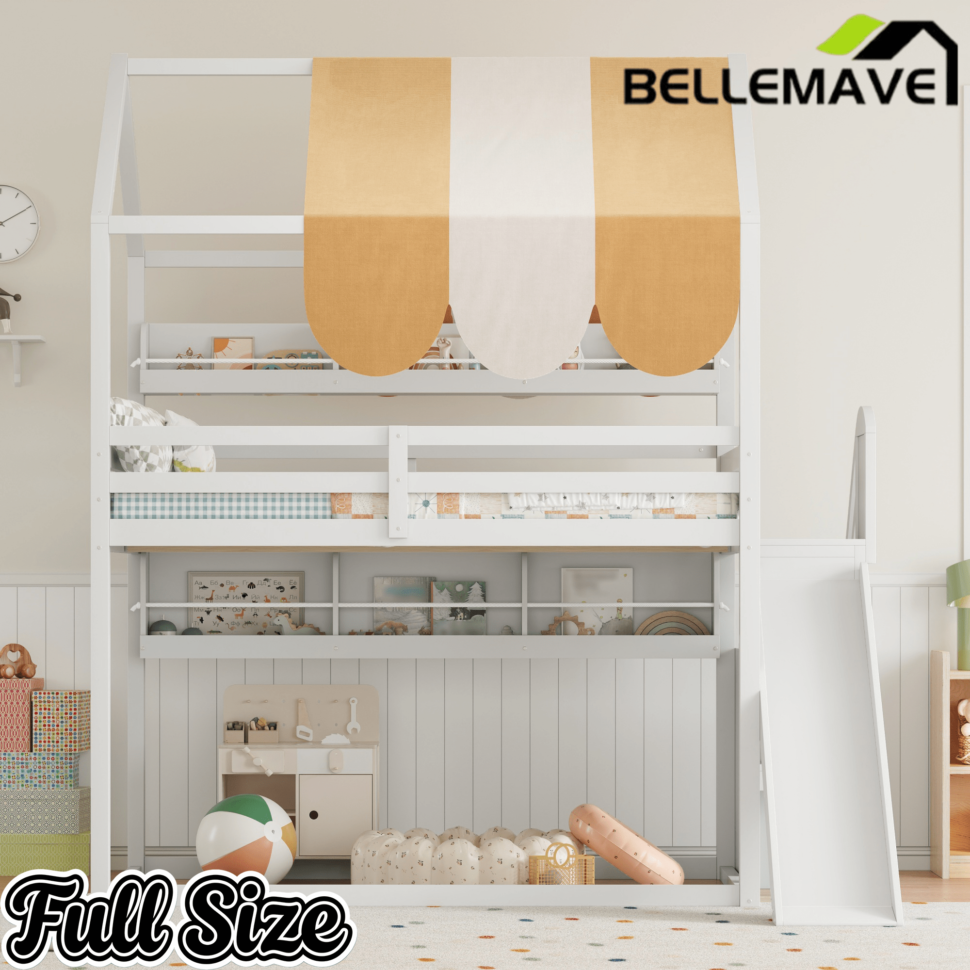 Bellemave® Full Size Bunk bed with Slide, Stair & Bookshelf, House roof Design, Low bunk/loft Bed for Kids - Bellemave