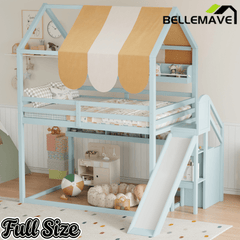 Bellemave® Full Size Bunk bed with Slide, Stair & Bookshelf, House roof Design, Low bunk/loft Bed for Kids - Bellemave
