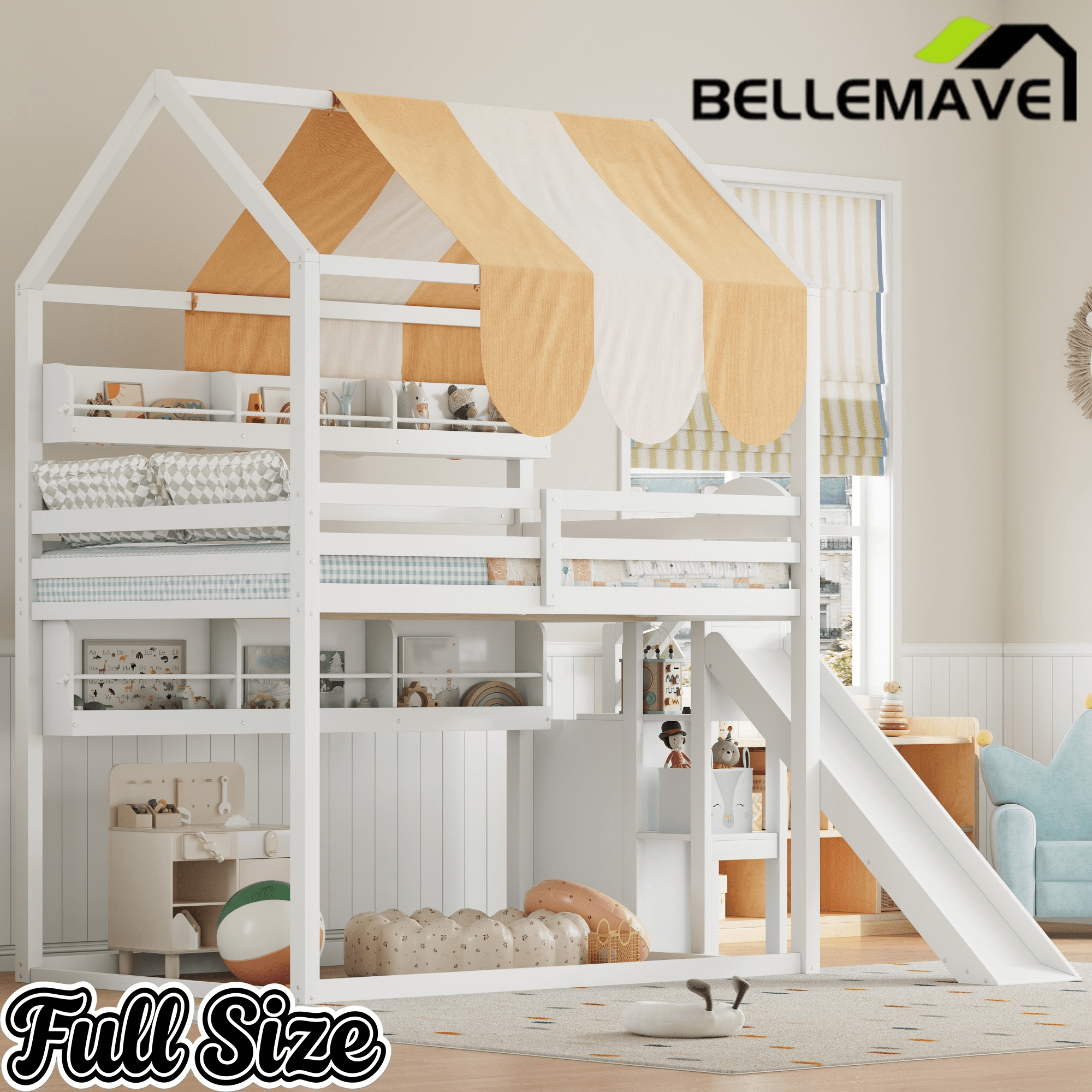 Bellemave® Full Size Bunk bed with Slide, Stair & Bookshelf, House roof Design, Low bunk/loft Bed for Kids - Bellemave