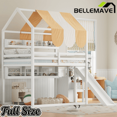 Bellemave® Full Size Bunk bed with Slide, Stair & Bookshelf, House roof Design, Low bunk/loft Bed for Kids - Bellemave