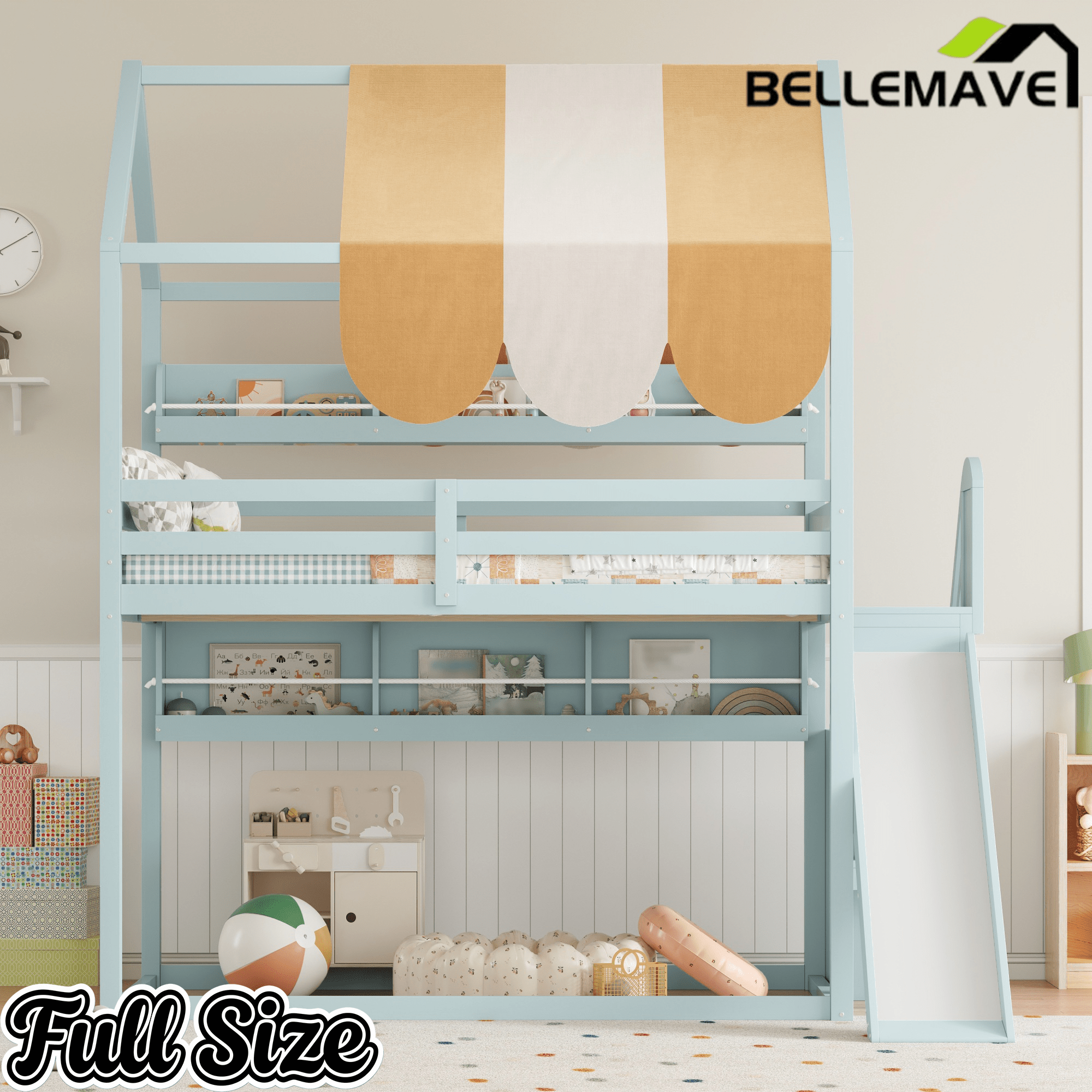 Bellemave® Full Size Bunk bed with Slide, Stair & Bookshelf, House roof Design, Low bunk/loft Bed for Kids - Bellemave