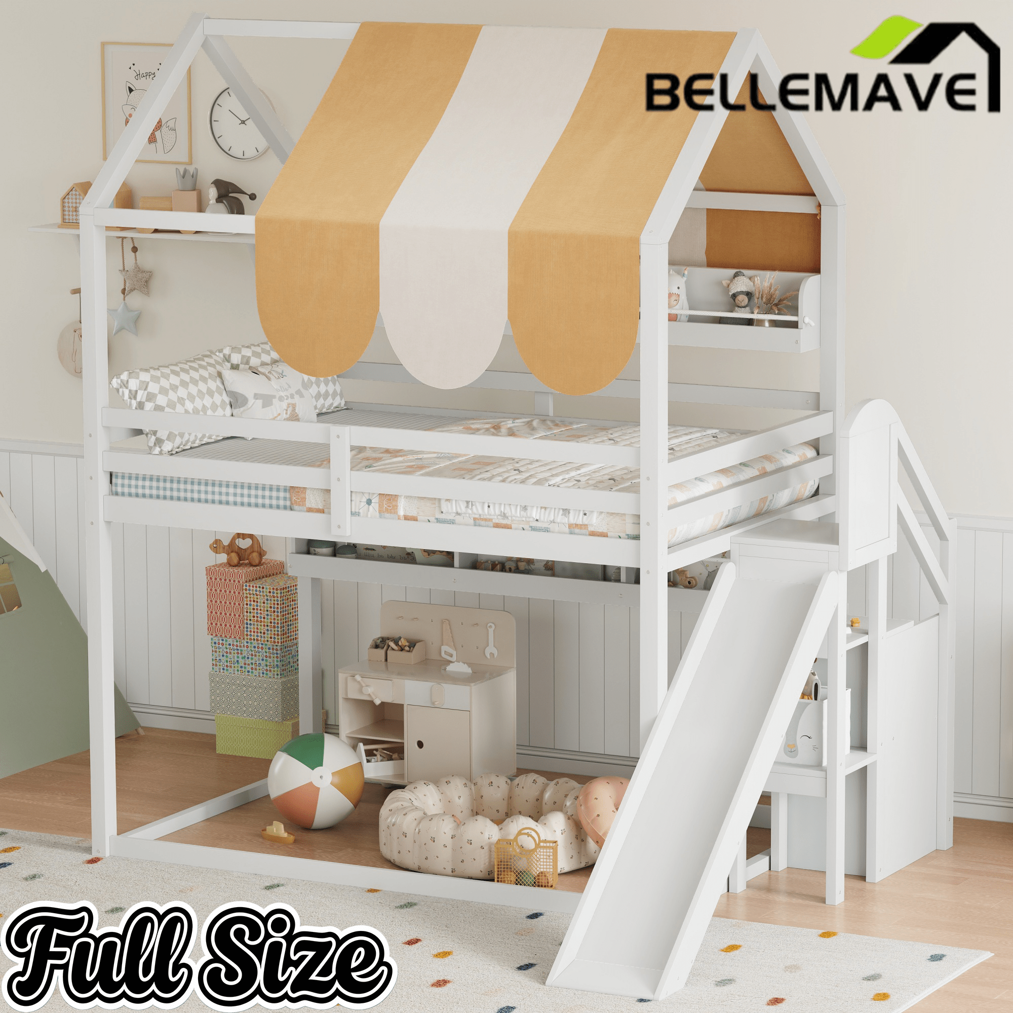 Bellemave® Full Size Bunk bed with Slide, Stair & Bookshelf, House roof Design, Low bunk/loft Bed for Kids - Bellemave