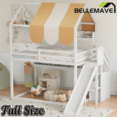 Bellemave® Full Size Bunk bed with Slide, Stair & Bookshelf, House roof Design, Low bunk/loft Bed for Kids - Bellemave