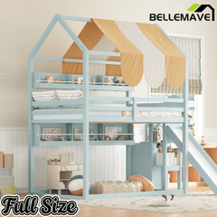 Bellemave® Full Size Bunk bed with Slide, Stair & Bookshelf, House roof Design, Low bunk/loft Bed for Kids - Bellemave