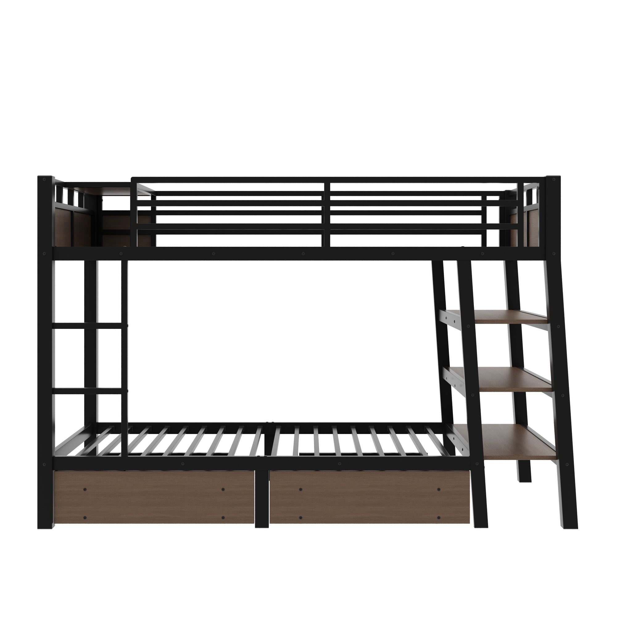 Bellemave® Full Size Bunk Bed with Storage Drawers & 3 - Tier Shelves, Heavy Duty Metal Bunk Beds with Charging Station & Light, Black - Bellemave