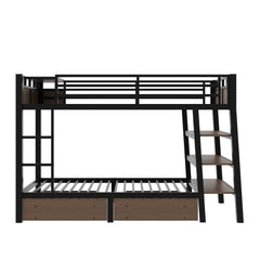 Bellemave® Full Size Bunk Bed with Storage Drawers & 3 - Tier Shelves, Heavy Duty Metal Bunk Beds with Charging Station & Light, Black - Bellemave