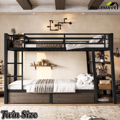Bellemave® Full Size Bunk Bed with Storage Drawers & 3 - Tier Shelves, Heavy Duty Metal Bunk Beds with Charging Station & Light, Black - Bellemave