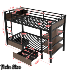Bellemave® Full Size Bunk Bed with Storage Drawers & 3 - Tier Shelves, Heavy Duty Metal Bunk Beds with Charging Station & Light, Black - Bellemave
