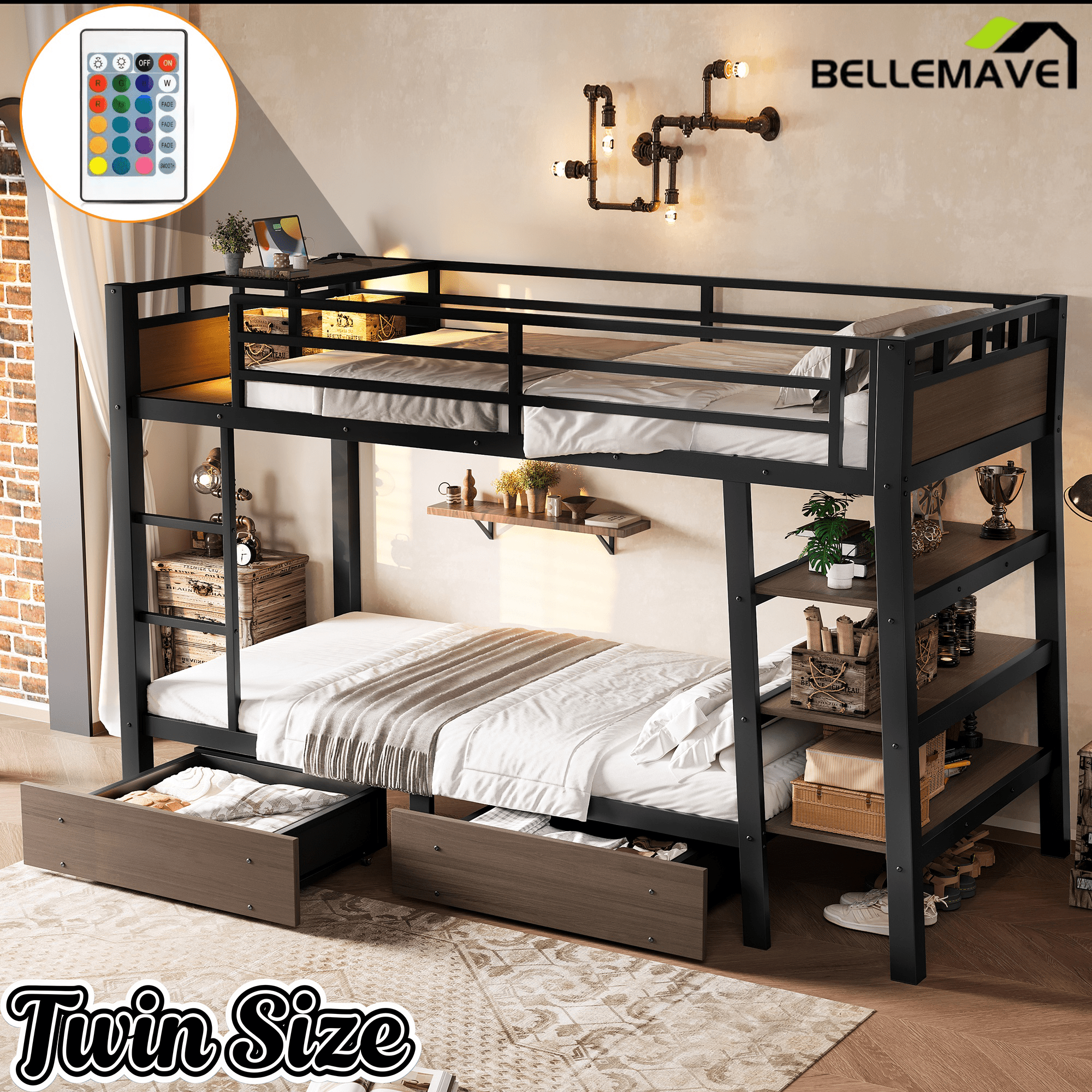 Bellemave® Full Size Bunk Bed with Storage Drawers & 3 - Tier Shelves, Heavy Duty Metal Bunk Beds with Charging Station & Light, Black - Bellemave