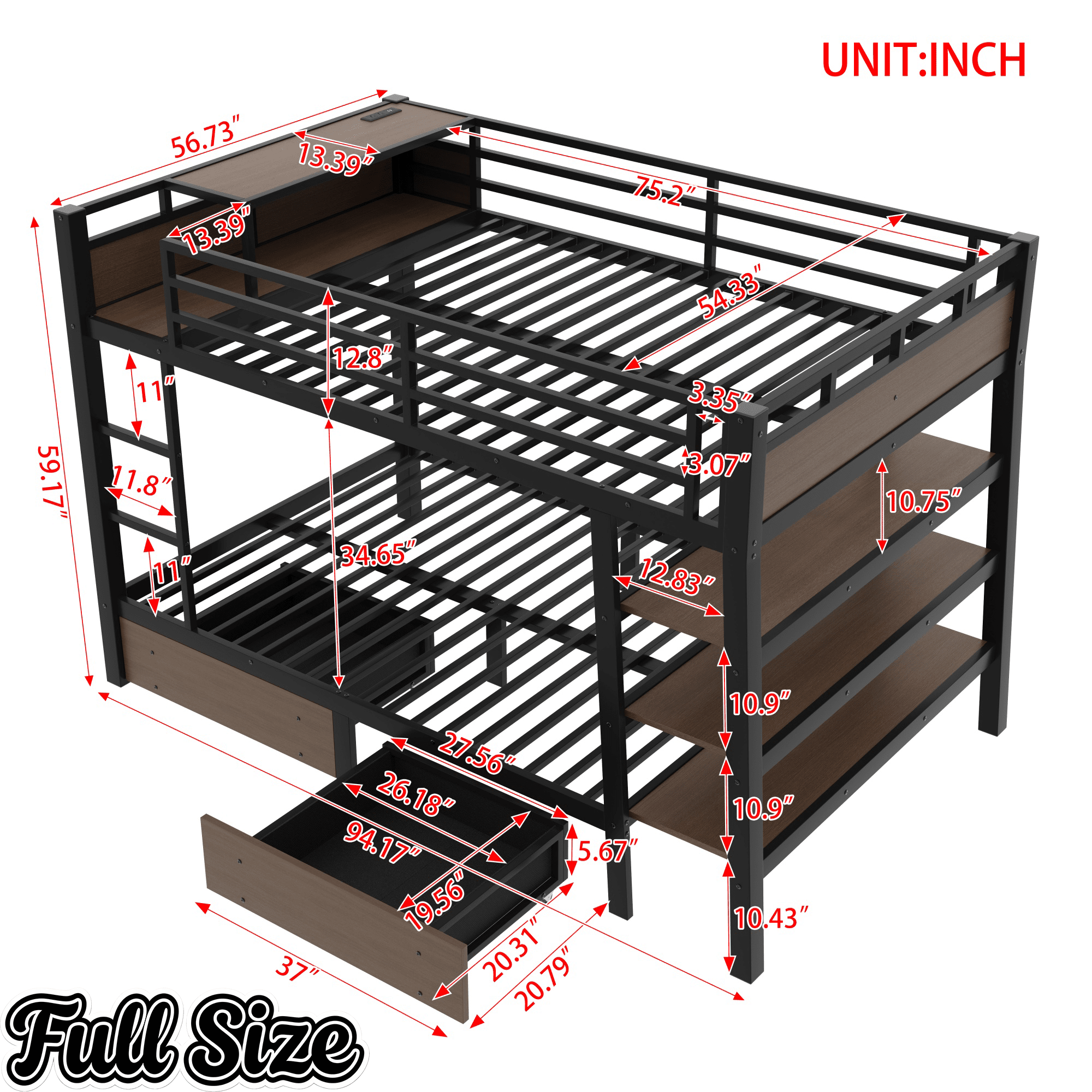 Bellemave® Full Size Bunk Bed with Storage Drawers & 3 - Tier Shelves, Heavy Duty Metal Bunk Beds with Charging Station & Light, Black - Bellemave