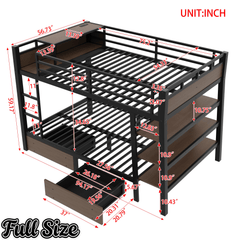 Bellemave® Full Size Bunk Bed with Storage Drawers & 3 - Tier Shelves, Heavy Duty Metal Bunk Beds with Charging Station & Light, Black - Bellemave