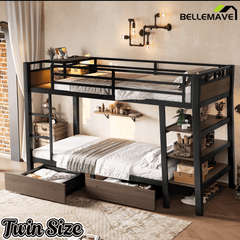 Bellemave® Full Size Bunk Bed with Storage Drawers & 3 - Tier Shelves, Heavy Duty Metal Bunk Beds with Charging Station & Light, Black - Bellemave