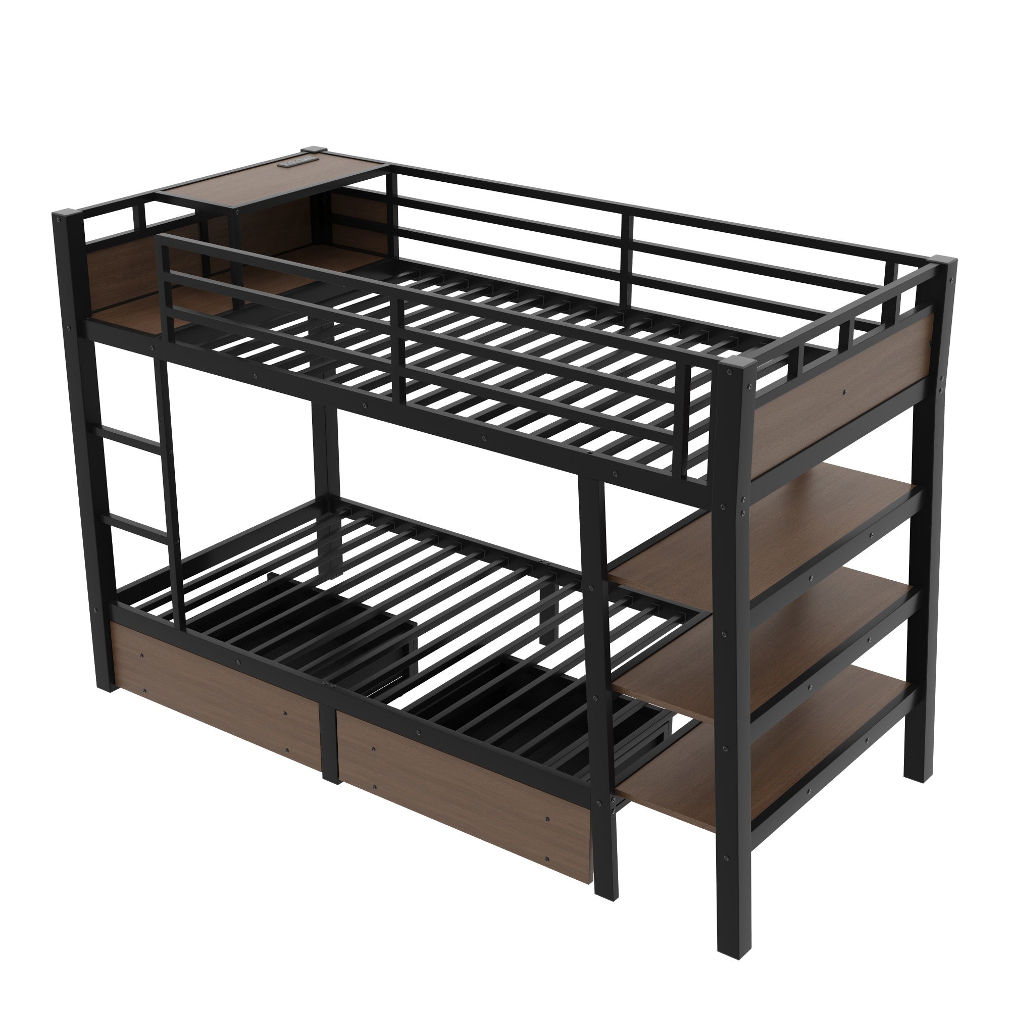Bellemave® Full Size Bunk Bed with Storage Drawers & 3 - Tier Shelves, Heavy Duty Metal Bunk Beds with Charging Station & Light, Black - Bellemave