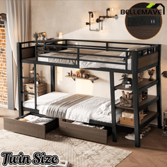 Bellemave® Full Size Bunk Bed with Storage Drawers & 3 - Tier Shelves, Heavy Duty Metal Bunk Beds with Charging Station & Light, Black - Bellemave