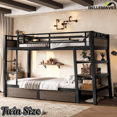 Bellemave® Full Size Bunk Bed with Storage Drawers & 3 - Tier Shelves, Heavy Duty Metal Bunk Beds with Charging Station & Light, Black - Bellemave