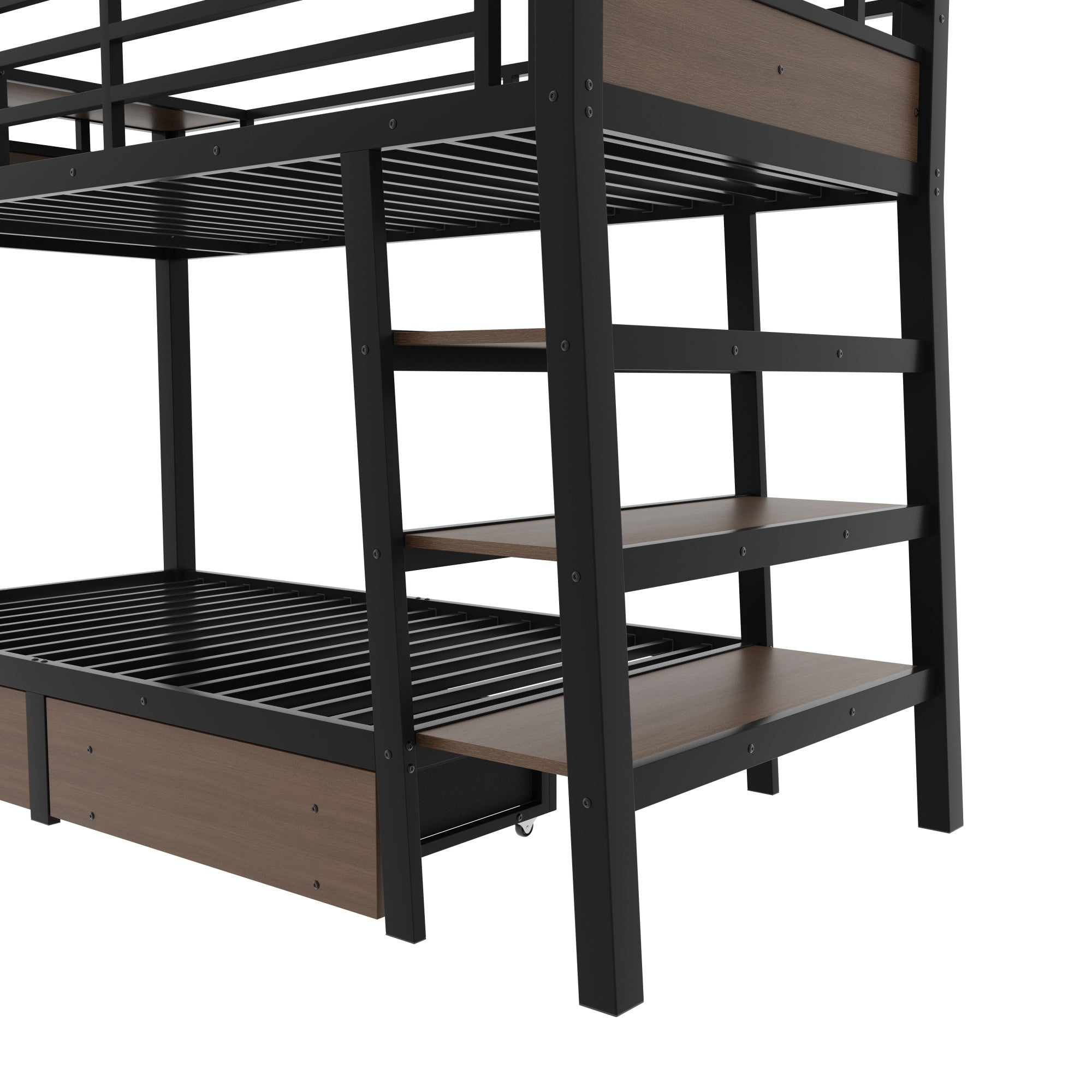 Bellemave® Full Size Bunk Bed with Storage Drawers & 3 - Tier Shelves, Heavy Duty Metal Bunk Beds with Charging Station & Light, Black - Bellemave
