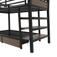Bellemave® Full Size Bunk Bed with Storage Drawers & 3 - Tier Shelves, Heavy Duty Metal Bunk Beds with Charging Station & Light, Black - Bellemave