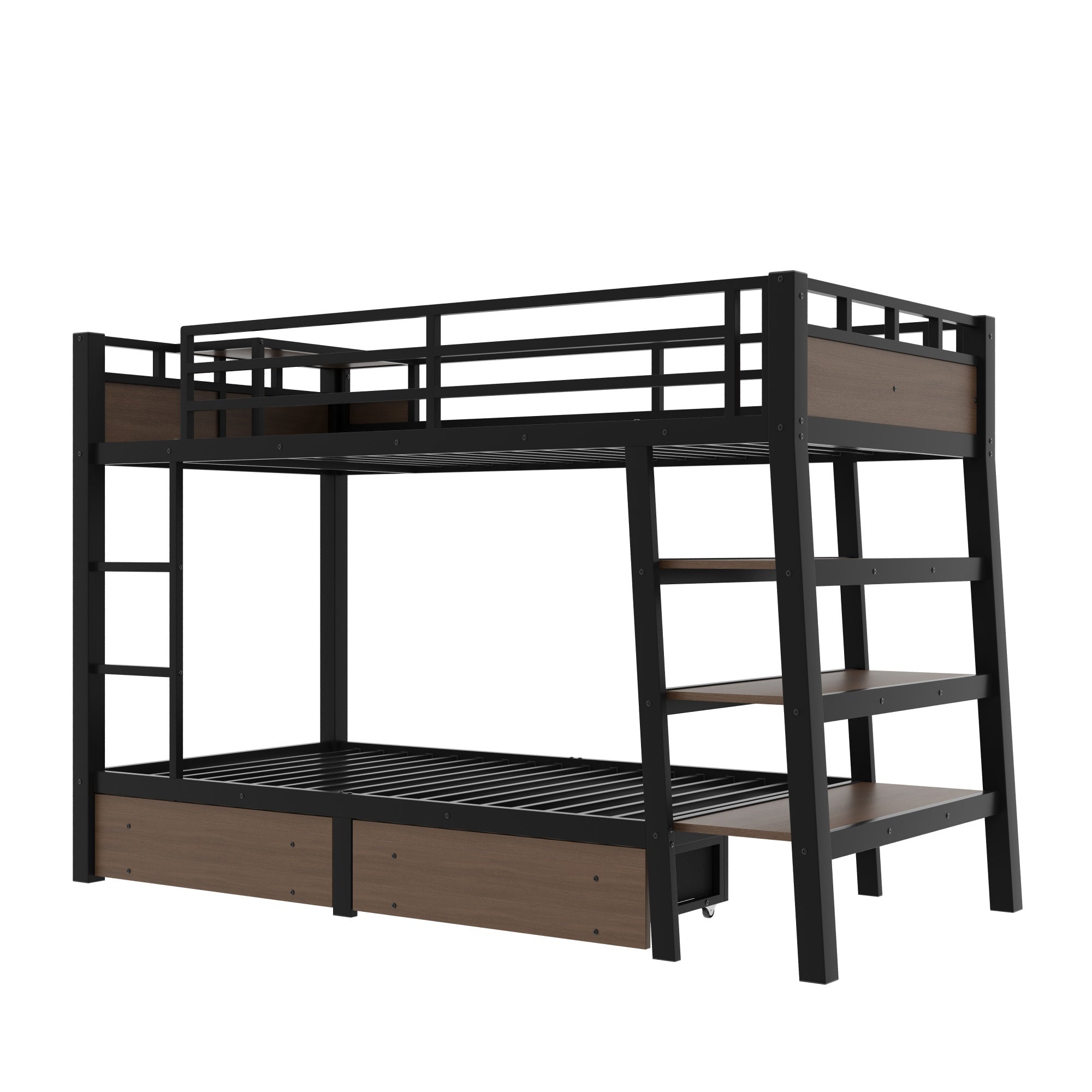 Bellemave® Full Size Bunk Bed with Storage Drawers & 3 - Tier Shelves, Heavy Duty Metal Bunk Beds with Charging Station & Light, Black - Bellemave