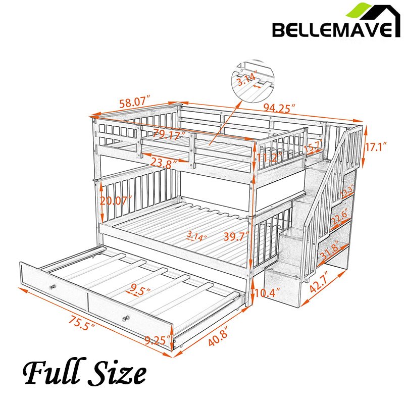 Bellemave® Full Size Bunk Bed with Trundle Bed, Storage and GuardRail - Bellemave