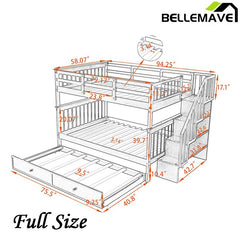 Bellemave® Full Size Bunk Bed with Trundle Bed, Storage and GuardRail - Bellemave