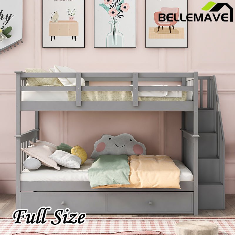 Bellemave® Full Size Bunk Bed with Trundle Bed, Storage and GuardRail - Bellemave