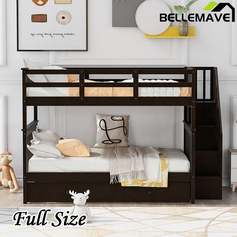 Bellemave® Full Size Bunk Bed with Trundle Bed, Storage and GuardRail - Bellemave