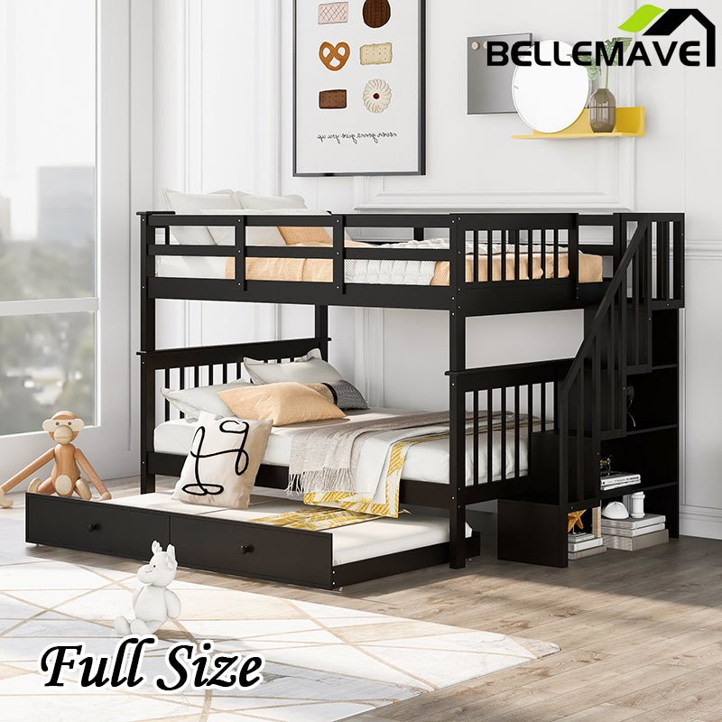 Bellemave® Full Size Bunk Bed with Trundle Bed, Storage and GuardRail - Bellemave